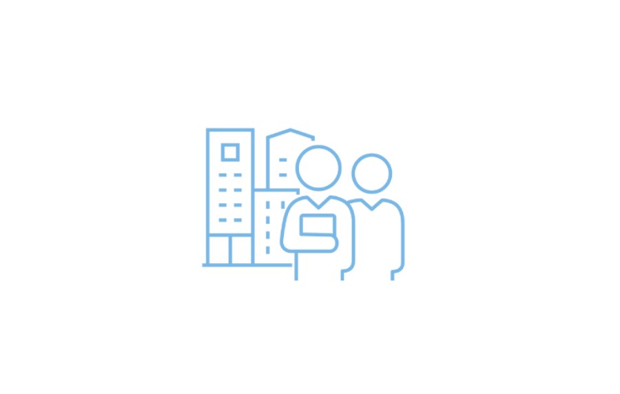 Icon zweier Personen vor einem Bürogebäude